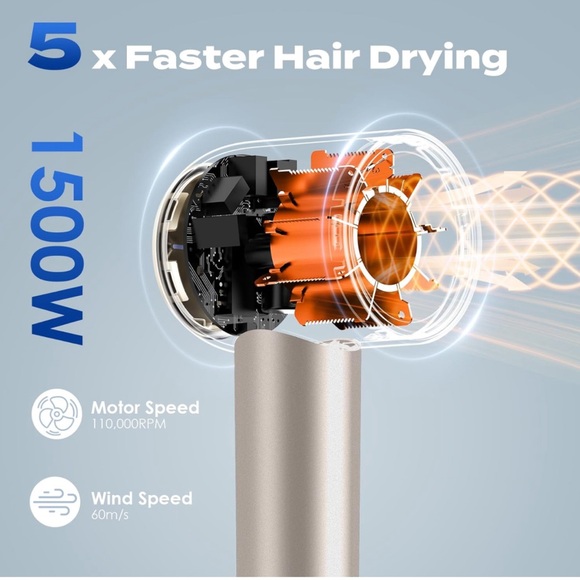 Hair Dryer, 1500W High Speed Ionic with Diffuser, Low Noise, Gold - Picture 2 of 5